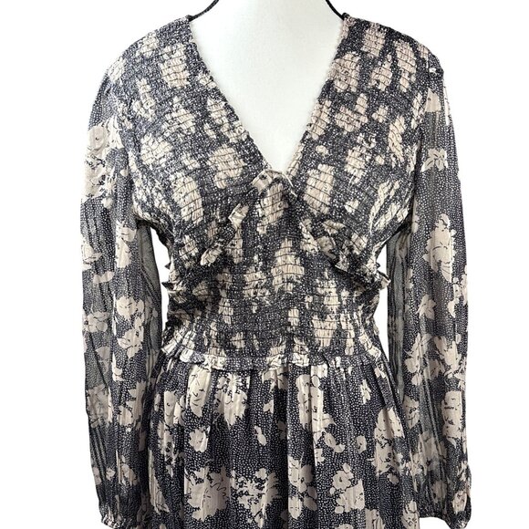 Dizzy Lizzy Black Floral Midi Dress Sz L Smocked Empire Waist Long Sleeve NWOT - Picture 3 of 14